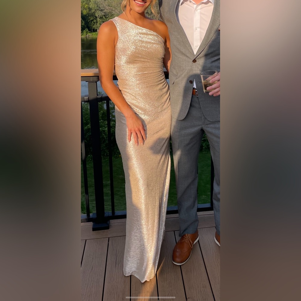 Calvin Klein One Shoulder Metallic Gold Gown
